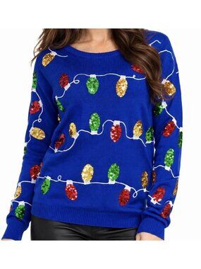 Tipsy Elves Christmas Lights Ugly Christmas Sweater Size Medium Blue Sequins